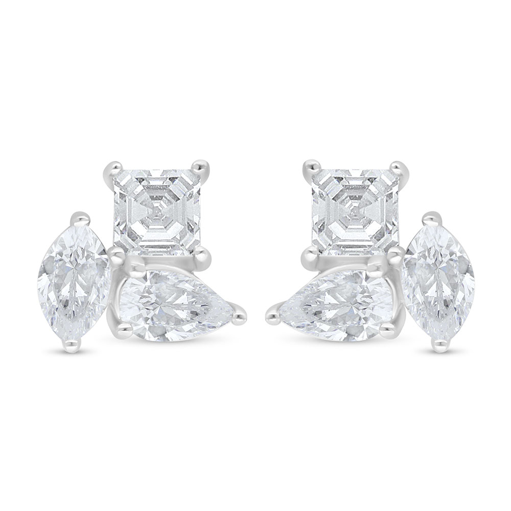 Sterling Silver 925 Earring Rhodium Plated Embedded With White Zircon