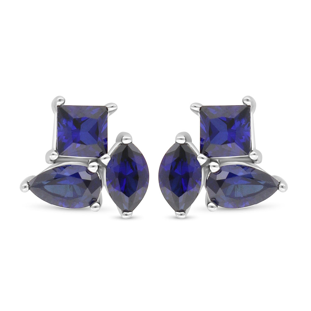 Sterling Silver 925 Earring Rhodium Plated Embedded With Sapphire Corundum And White Zircon