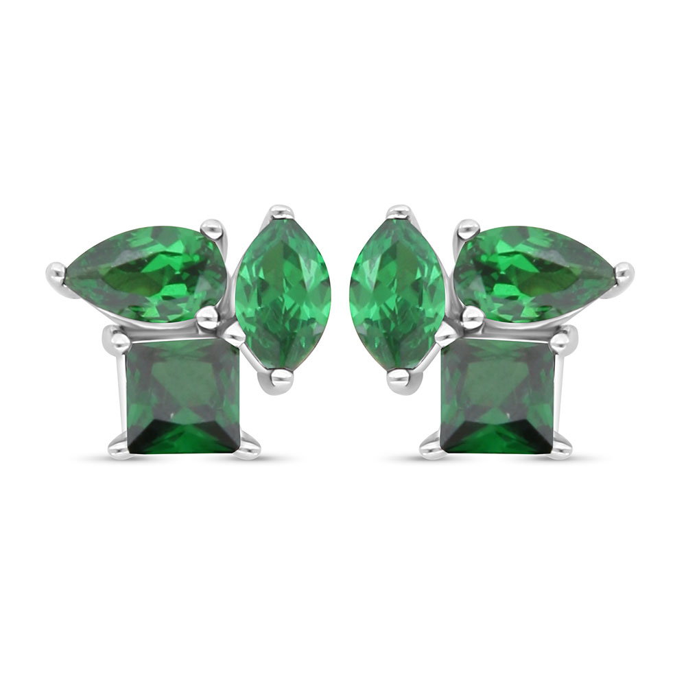 Sterling Silver 925 Earring Rhodium Plated Embedded With Emerald Zircon And White Zircon