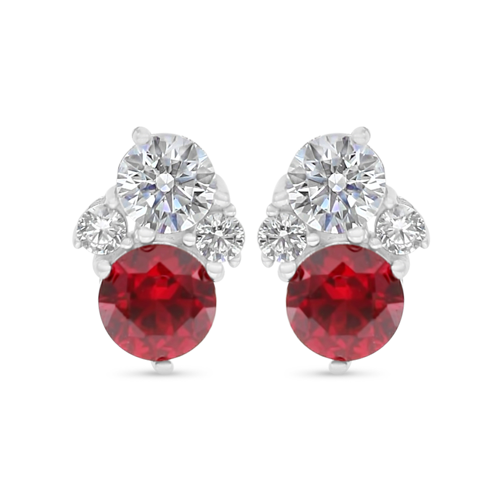 Sterling Silver 925 Earring Rhodium Plated Embedded With Ruby Corundum And White Zircon