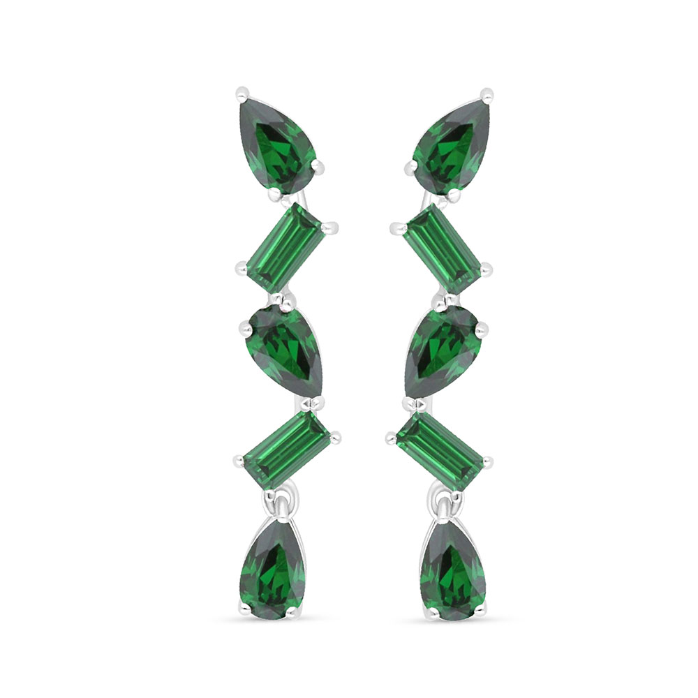 Sterling Silver 925 Earring Rhodium Plated Embedded With Emerald Zircon 