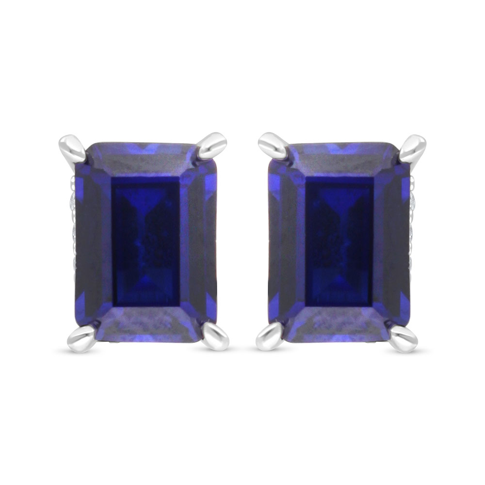 Sterling Silver 925 Earring Rhodium Plated Embedded With Sapphire Corundum And White Zircon