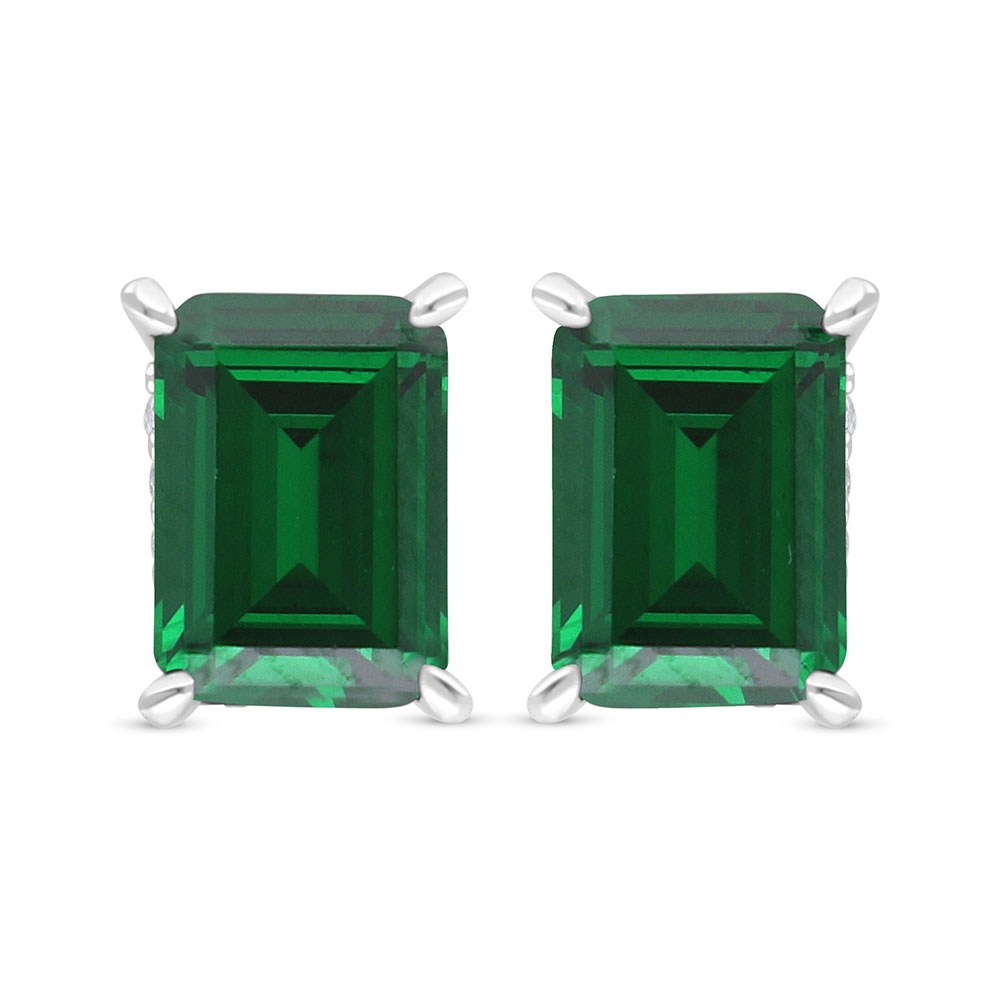 Sterling Silver 925 Earring Rhodium Plated Embedded With Emerald Zircon And White Zircon