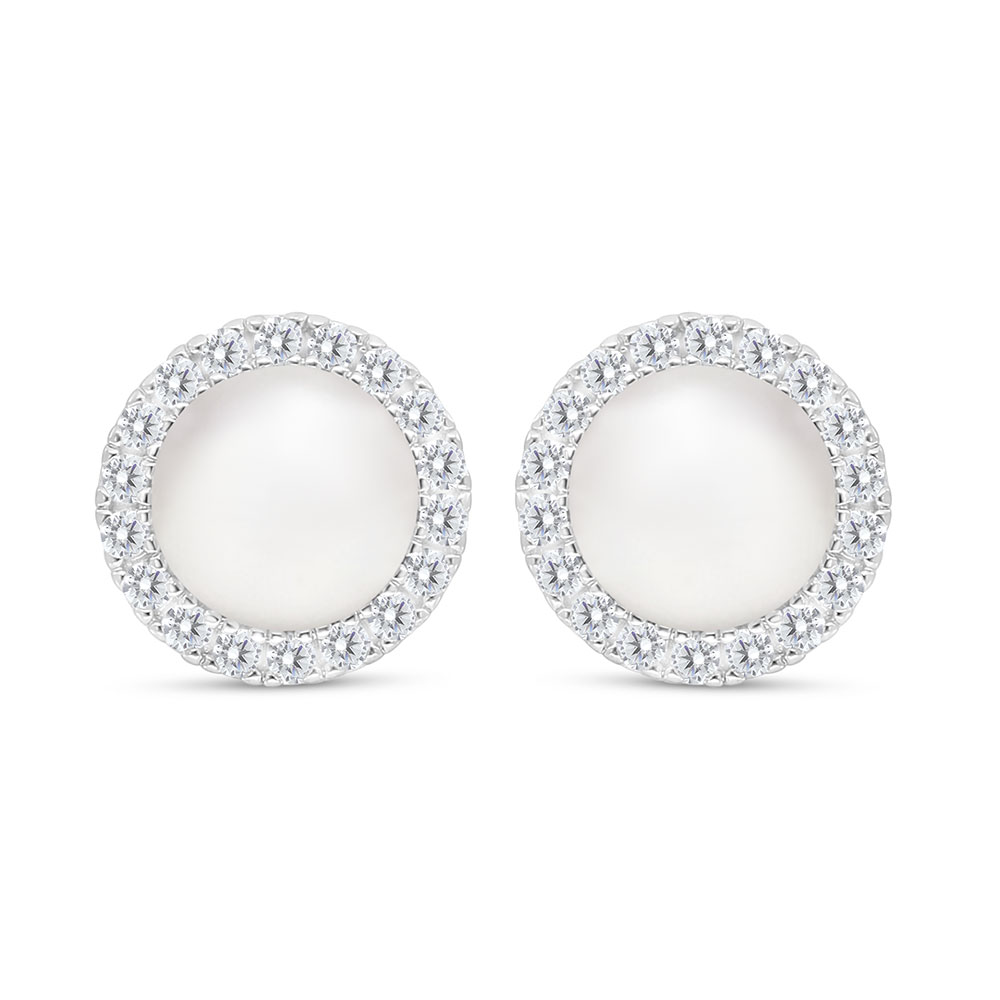 Sterling Silver 925 Earring Rhodium Plated Embedded With White Shell Pearl And White CZ
