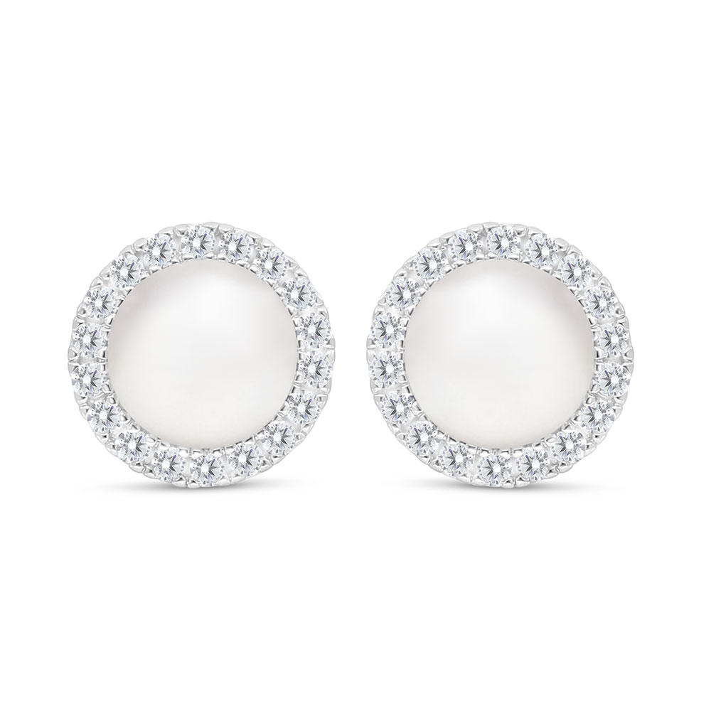 Sterling Silver 925 Earring Rhodium Plated Embedded With White Shell Pearl And White CZ