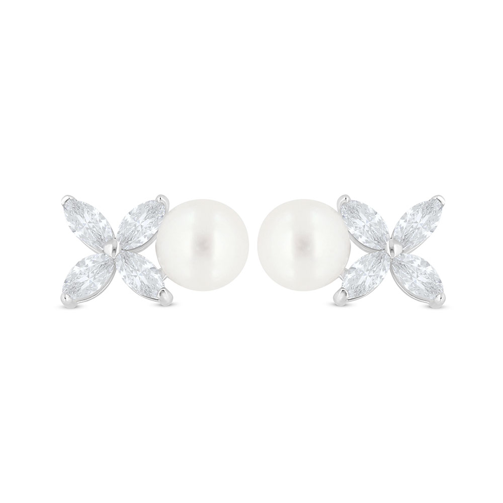 Sterling Silver 925 Earring Rhodium Plated Embedded With White Shell Pearl And White Zircon