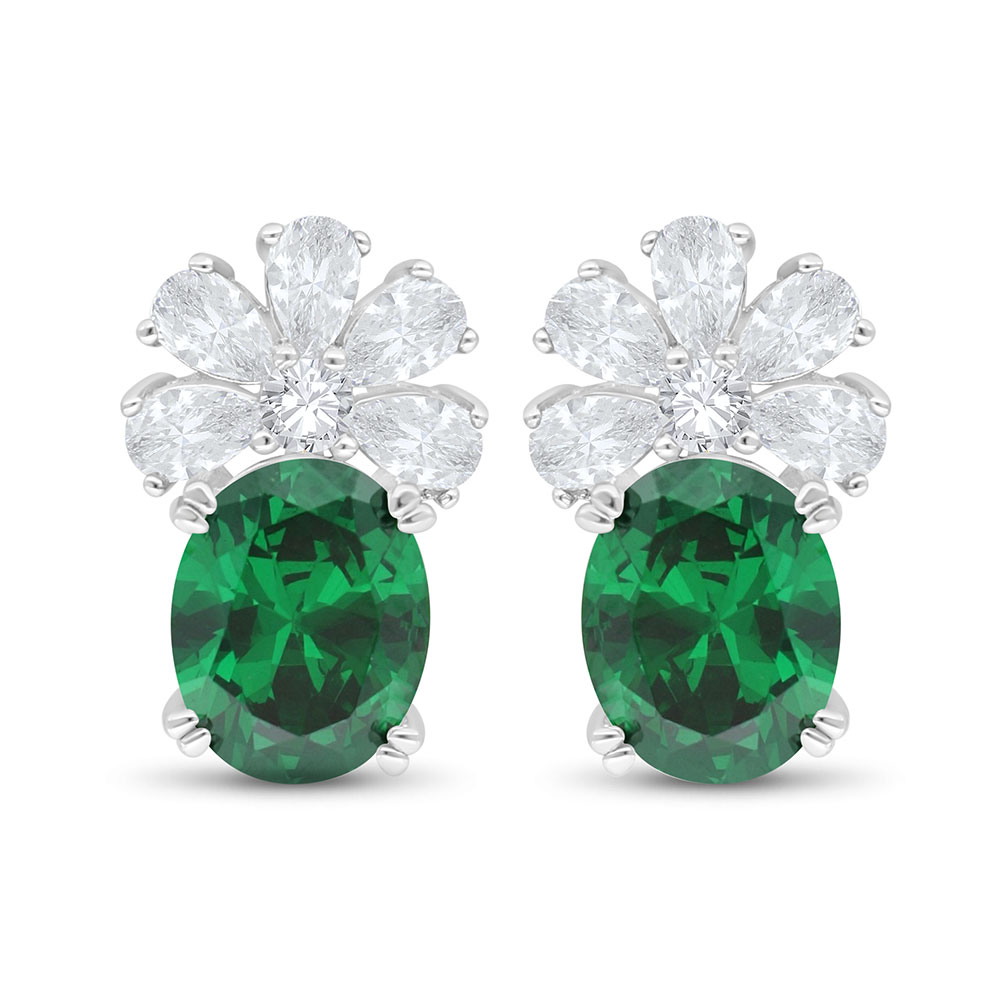 Sterling Silver 925 Earring Rhodium Plated Embedded With Emerald Zircon And White Zircon