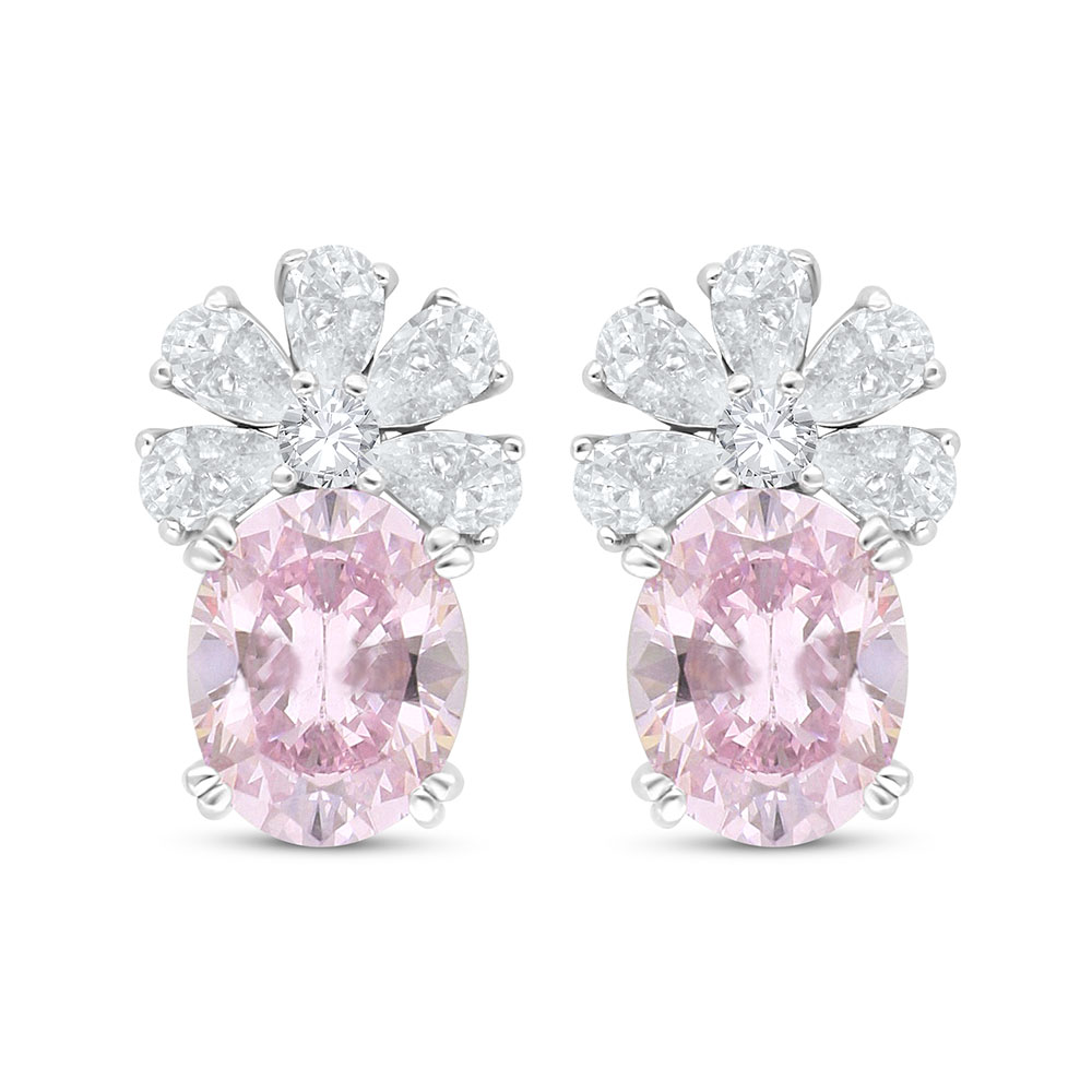 Sterling Silver 925 Earring Rhodium Plated Embedded With pink Zircon And White Zircon