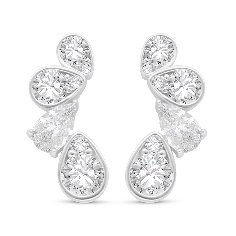 Sterling Silver 925 Earring Rhodium Plated Embedded With White Zircon