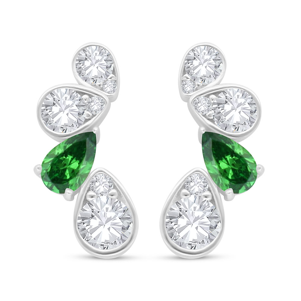 Sterling Silver 925 Earring Rhodium Plated Embedded With Emerald Zircon And White Zircon