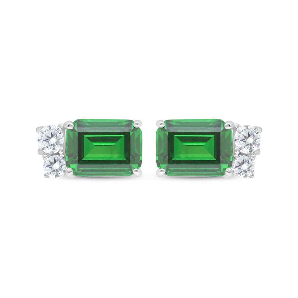 Sterling Silver 925 Earring Rhodium Plated Embedded With Emerald Zircon And White Zircon