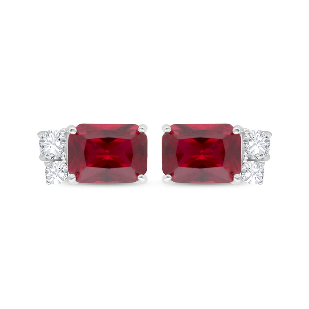 Sterling Silver 925 Earring Rhodium Plated Embedded With Ruby Corundum And White Zircon