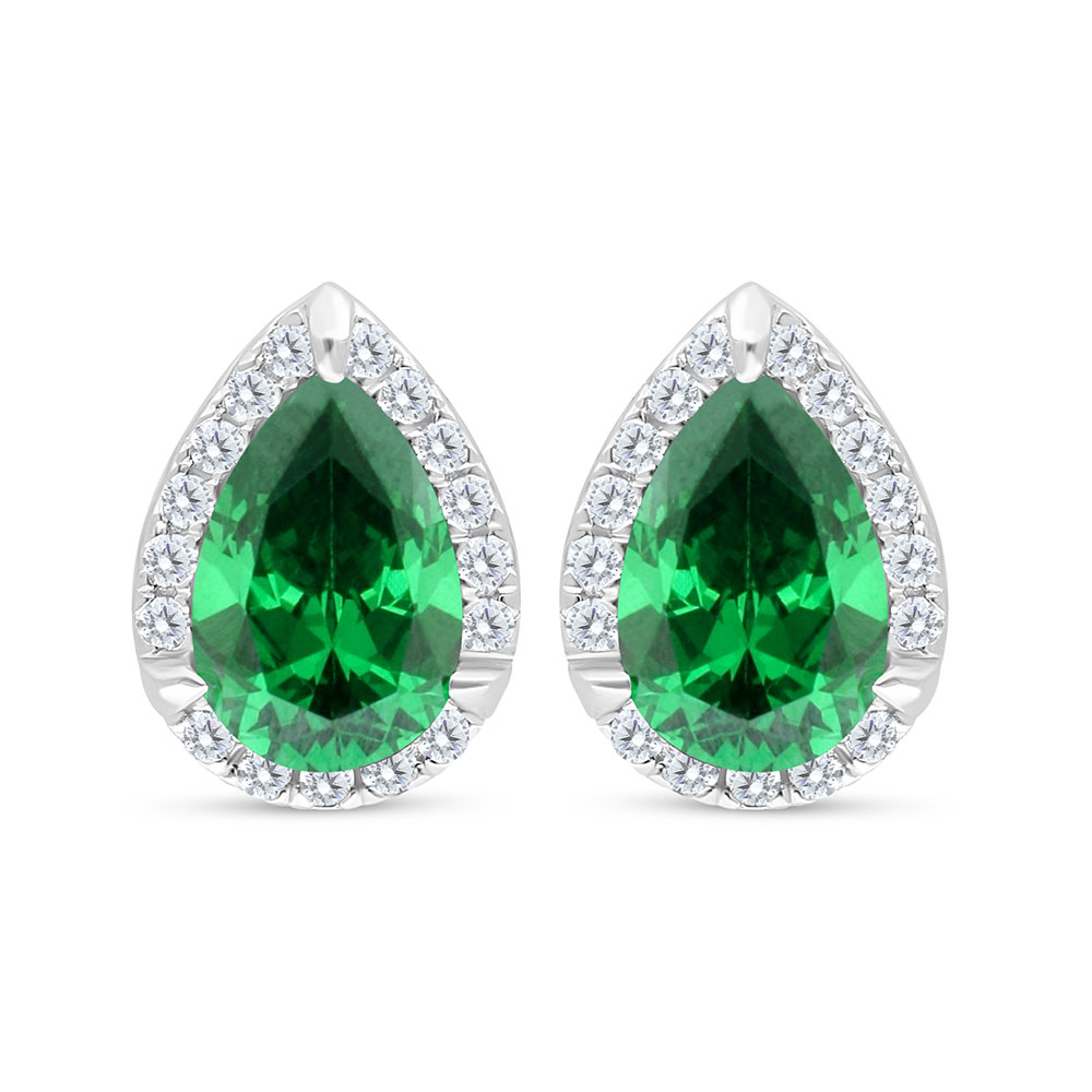 Sterling Silver 925 Earring Rhodium Plated Embedded With Emerald Zircon And White Zircon