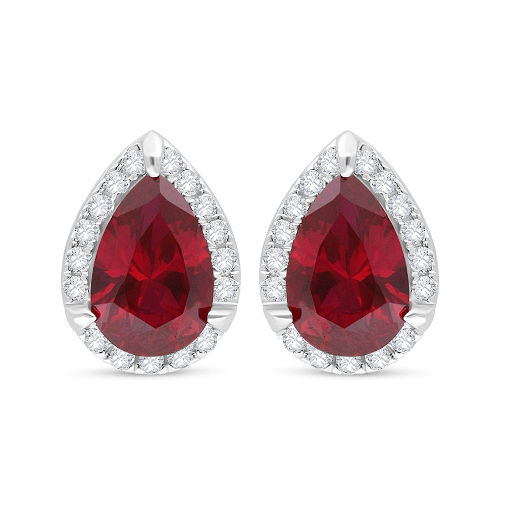 Sterling Silver 925 Earring Rhodium Plated Embedded With Ruby Corundum And White Zircon