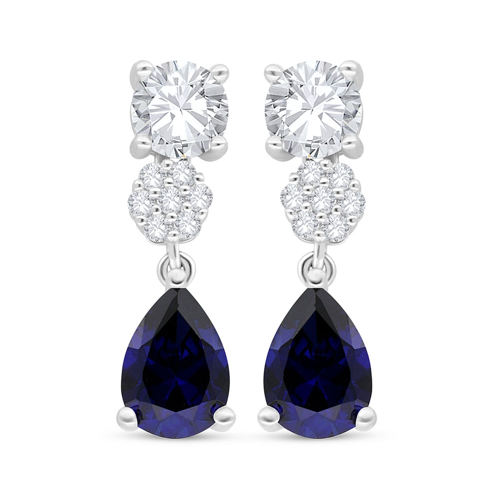 Sterling Silver 925 Earring Rhodium Plated Embedded With Sapphire Corundum And White Zircon