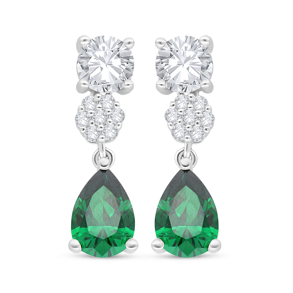 Sterling Silver 925 Earring Rhodium Plated Embedded With Emerald Zircon And White Zircon