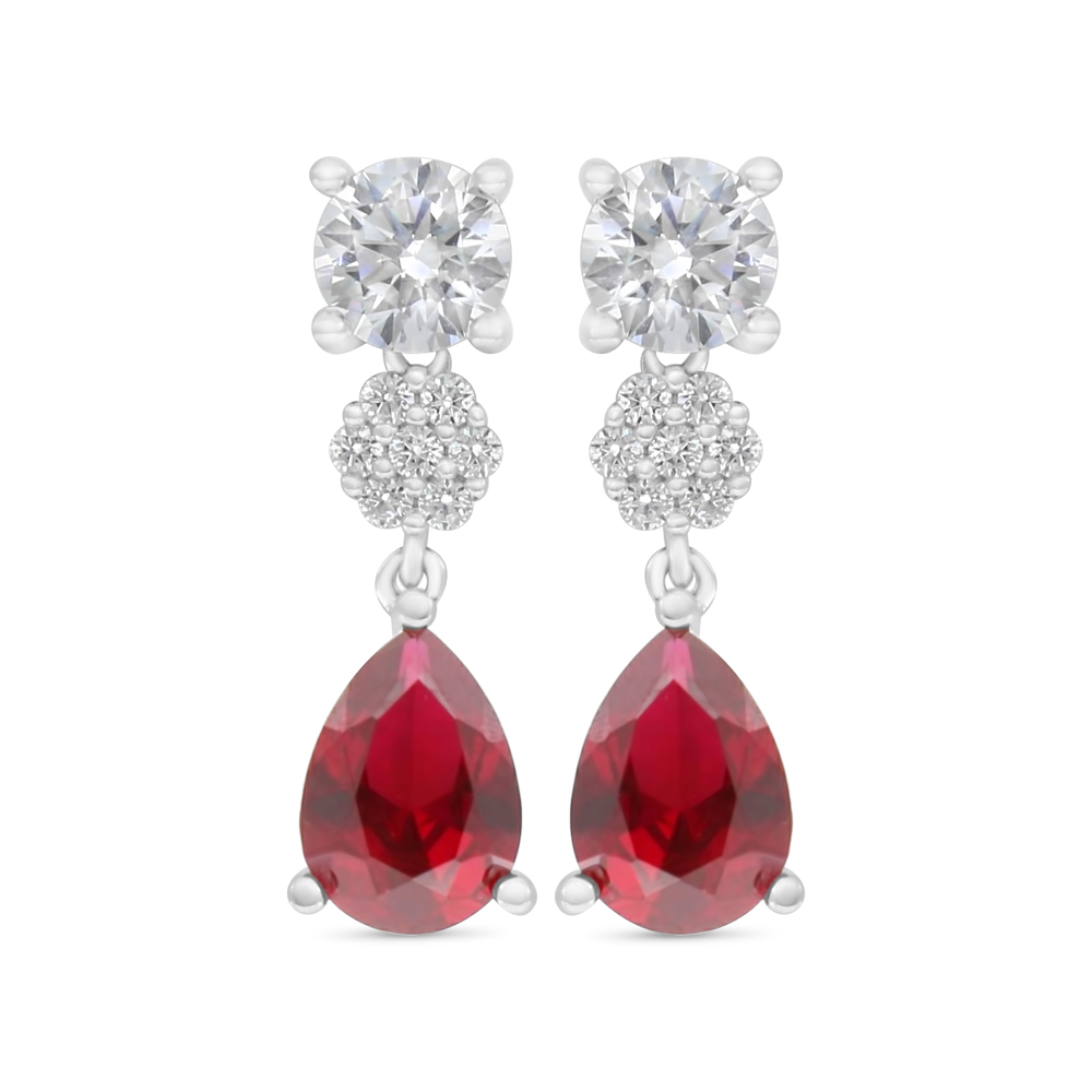 Sterling Silver 925 Earring Rhodium Plated Embedded With Ruby Corundum And White Zircon