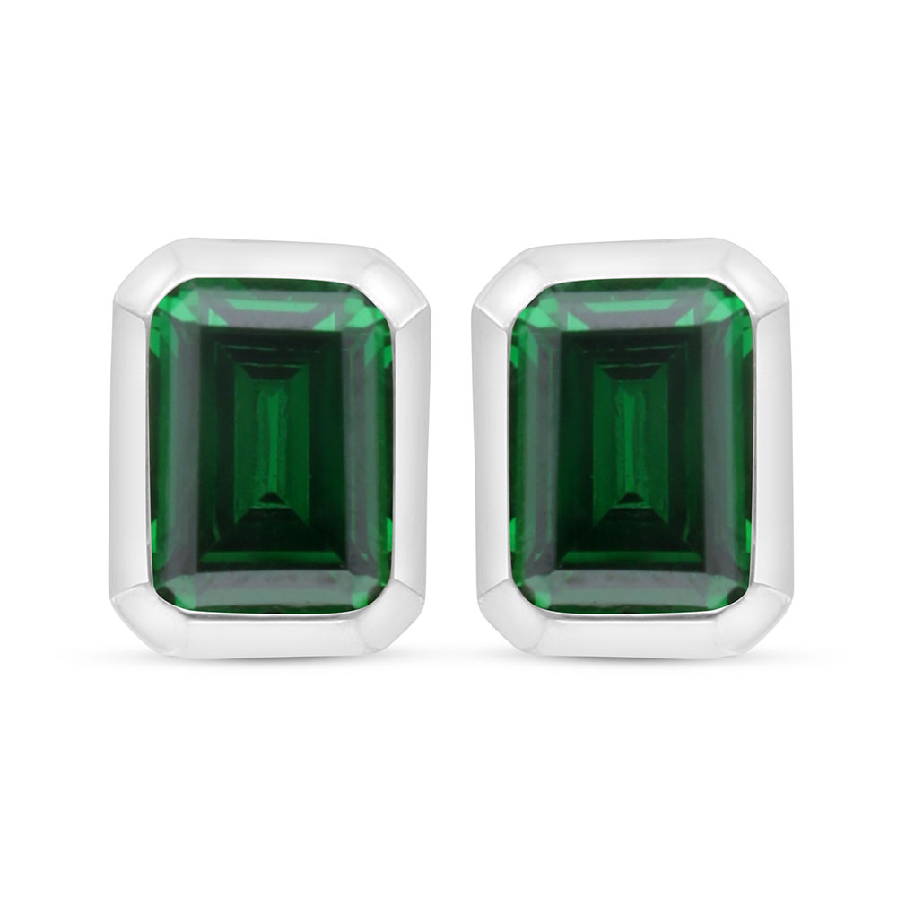 Sterling Silver 925 Earring Rhodium Plated Embedded With Emerald Zircon 