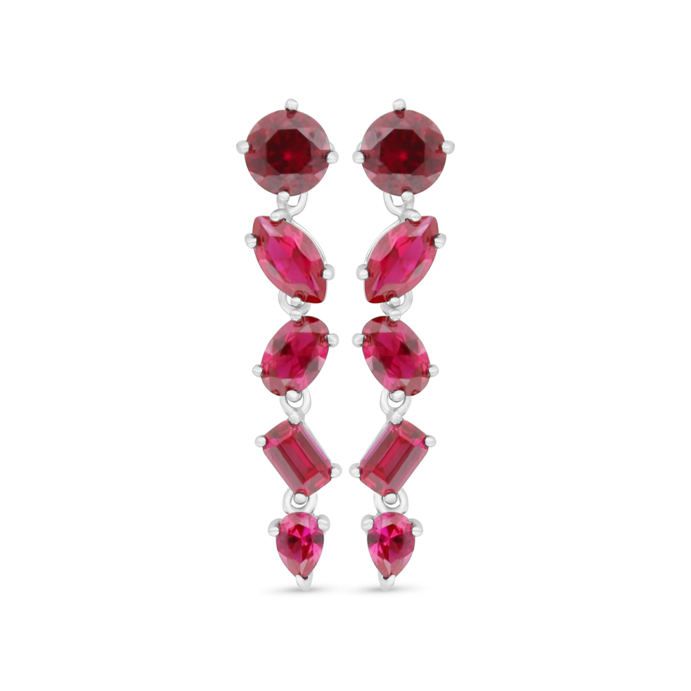 Sterling Silver 925 Earring Rhodium Plated Embedded With Ruby Corundum And White Zircon