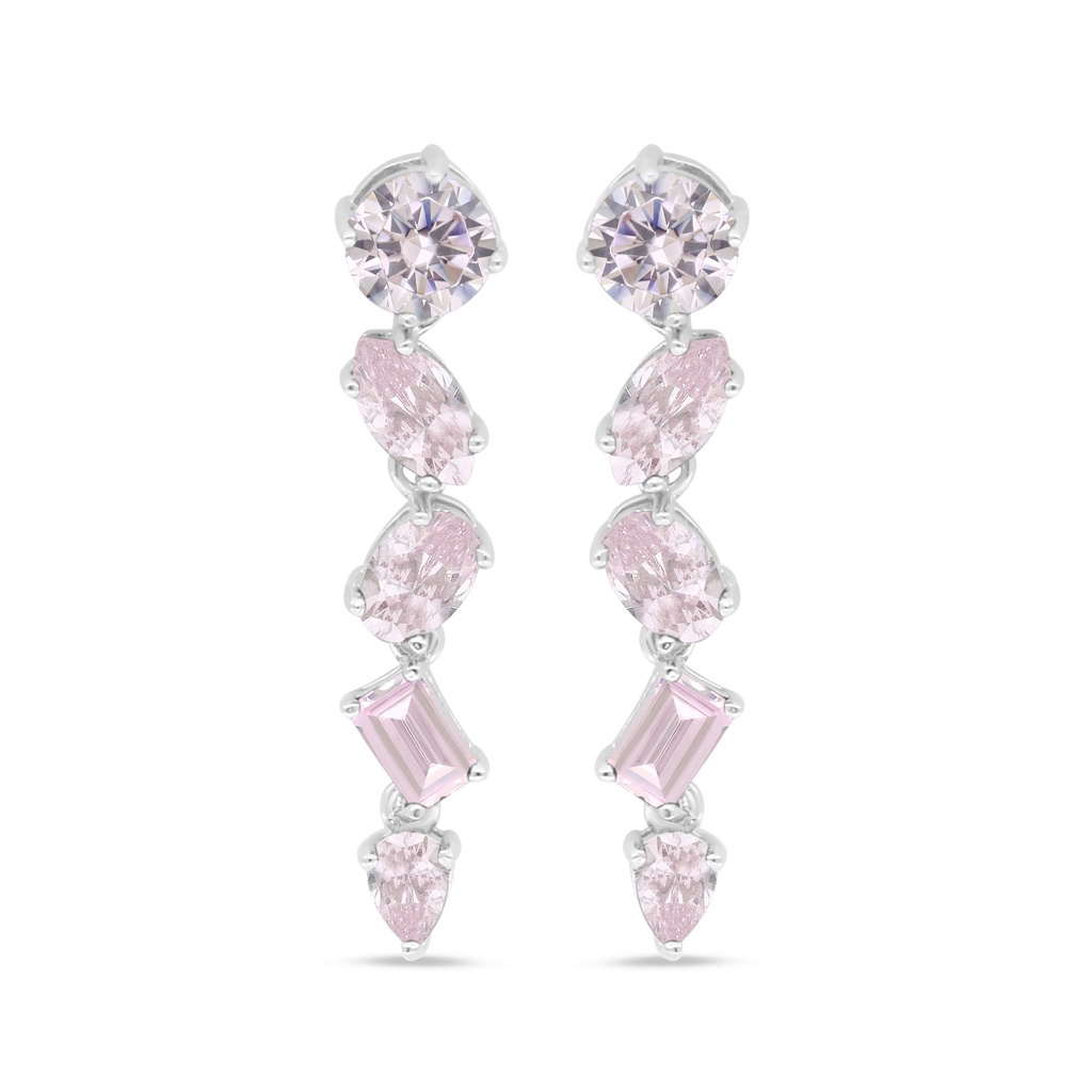 Sterling Silver 925 Earring Rhodium Plated Embedded With pink Zircon And White Zircon