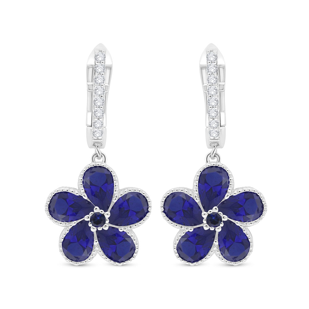 Sterling Silver 925 Earring Rhodium Plated Embedded With Sapphire Corundum And White Zircon