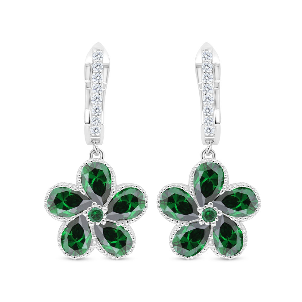 Sterling Silver 925 Earring Rhodium Plated Embedded With Emerald Zircon And White Zircon