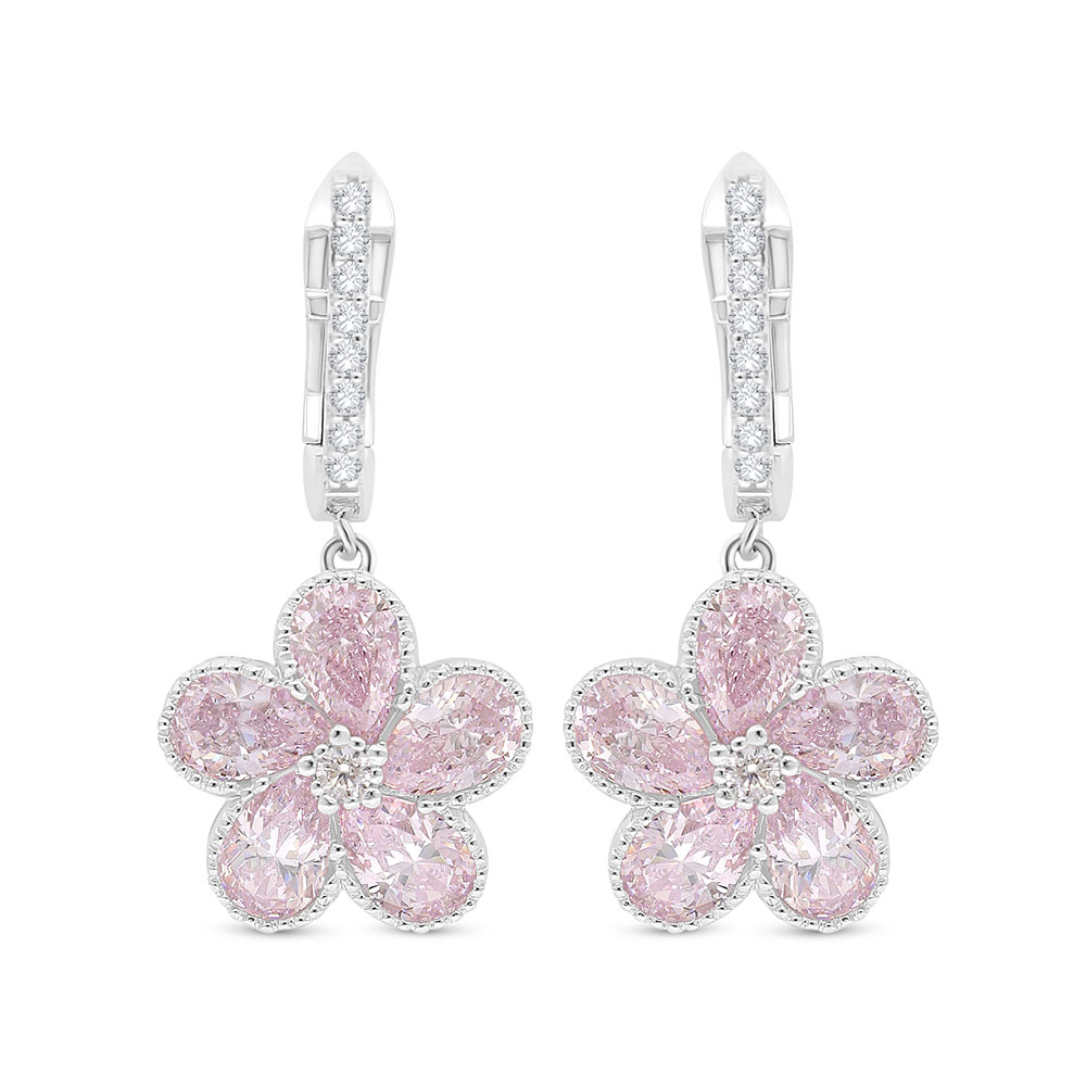 Sterling Silver 925 Earring Rhodium Plated Embedded With pink Zircon And White Zircon