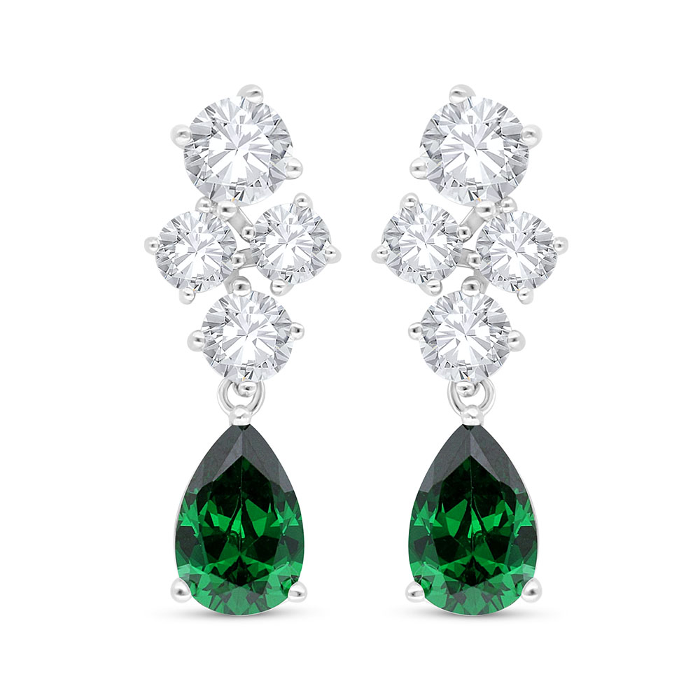 Sterling Silver 925 Earring Rhodium Plated Embedded With Emerald Zircon And White Zircon