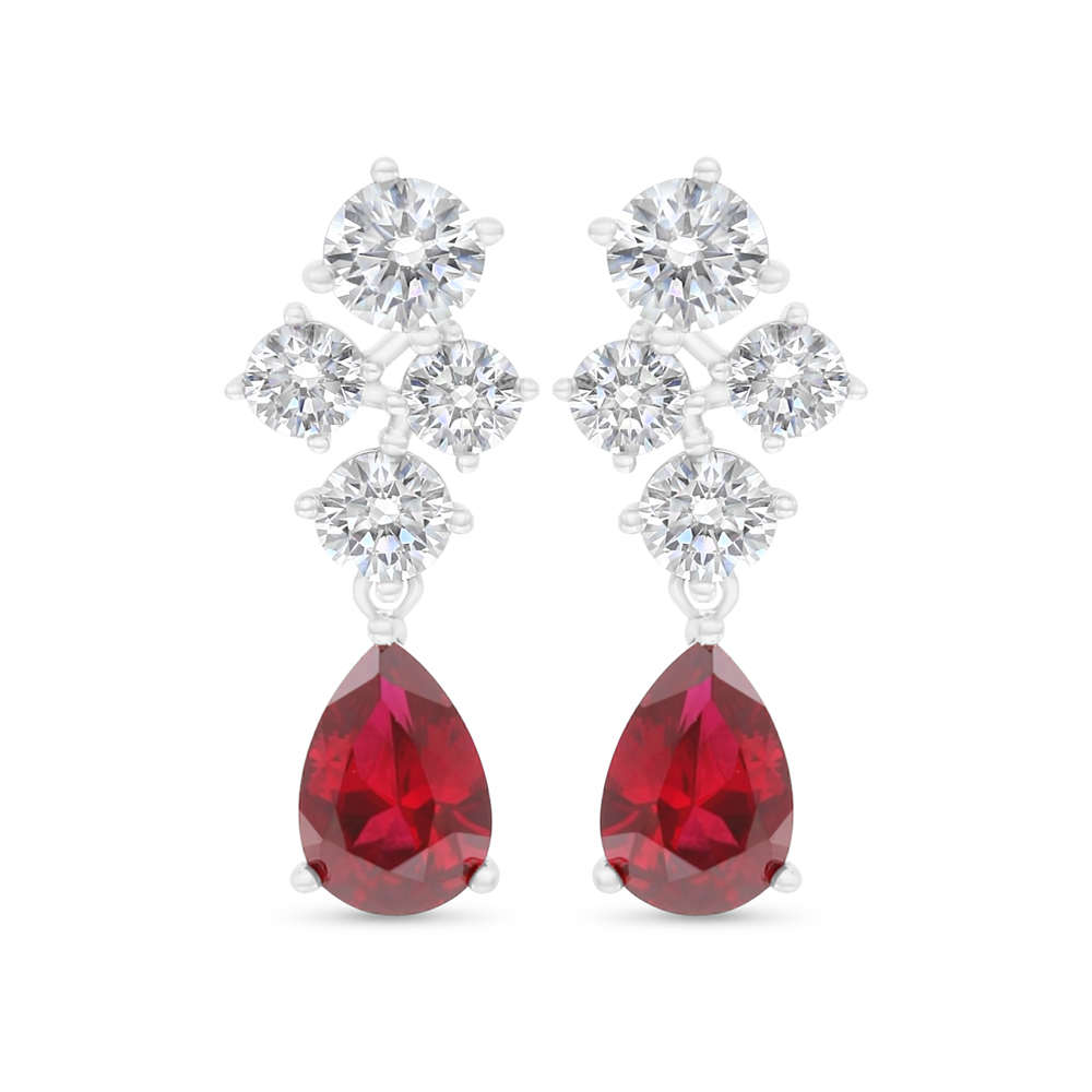 Sterling Silver 925 Earring Rhodium Plated Embedded With Ruby Corundum And White Zircon