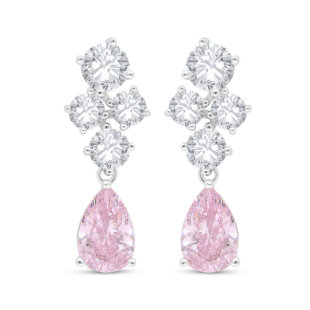 Sterling Silver 925 Earring Rhodium Plated Embedded With pink Zircon And White Zircon