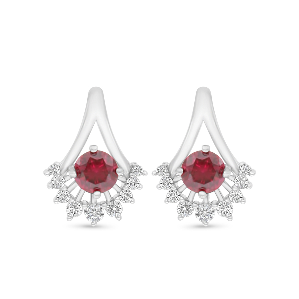 Sterling Silver 925 Earring Rhodium Plated Embedded With Ruby Corundum And White Zircon