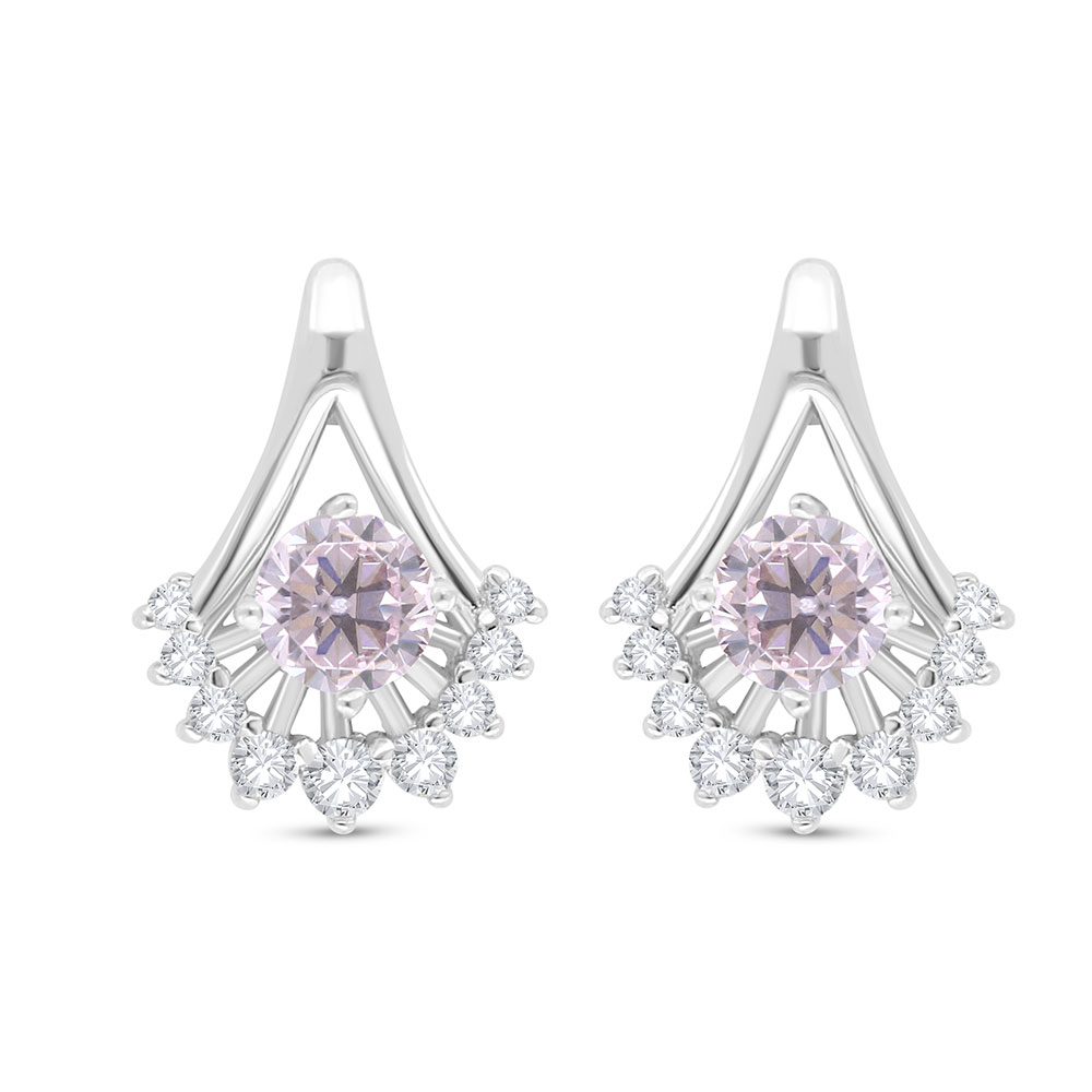 Sterling Silver 925 Earring Rhodium Plated Embedded With pink Zircon And White Zircon