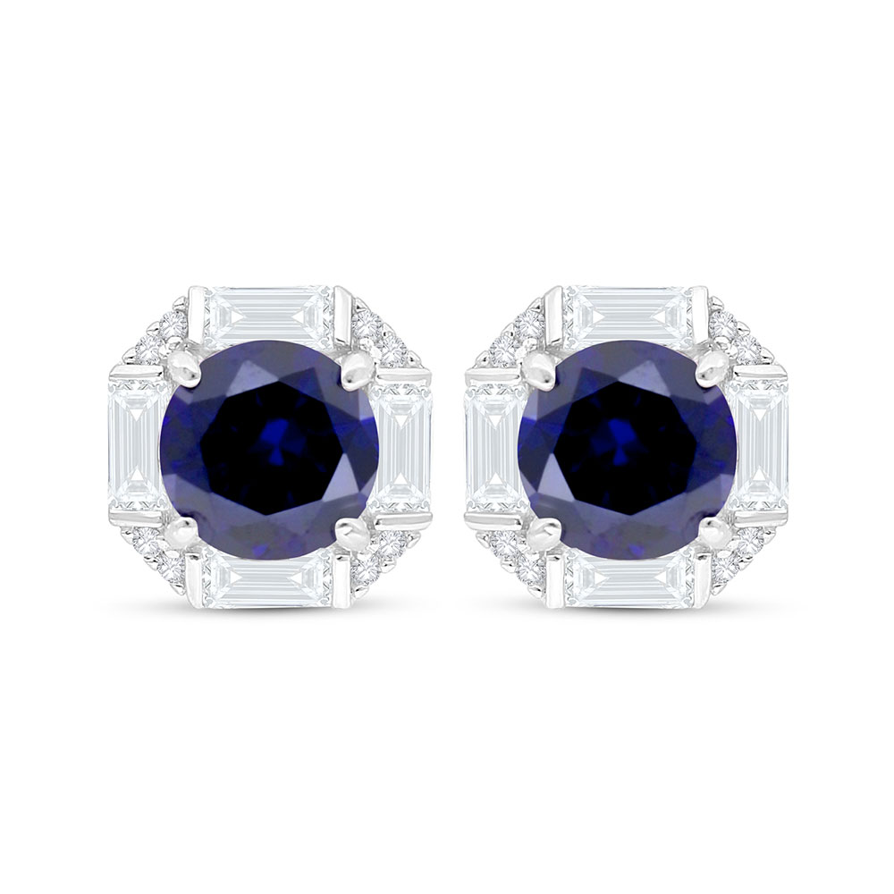 Sterling Silver 925 Earring Rhodium Plated Embedded With Sapphire Corundum And White Zircon