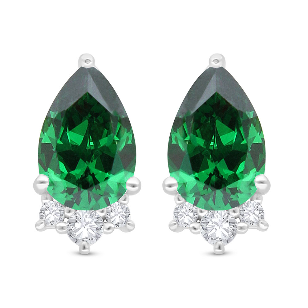 Sterling Silver 925 Earring Rhodium Plated Embedded With Emerald Zircon And White Zircon