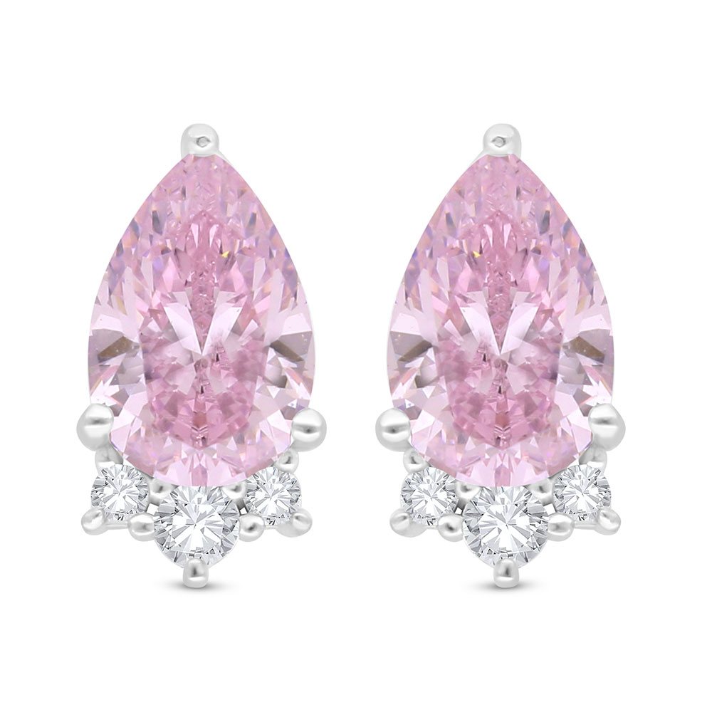 Sterling Silver 925 Earring Rhodium Plated Embedded With pink Zircon And White Zircon