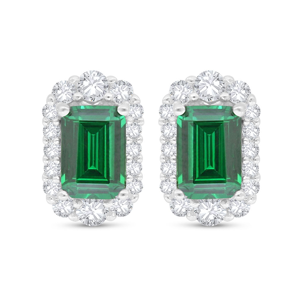 Sterling Silver 925 Earring Rhodium Plated Embedded With Emerald Zircon And White Zircon