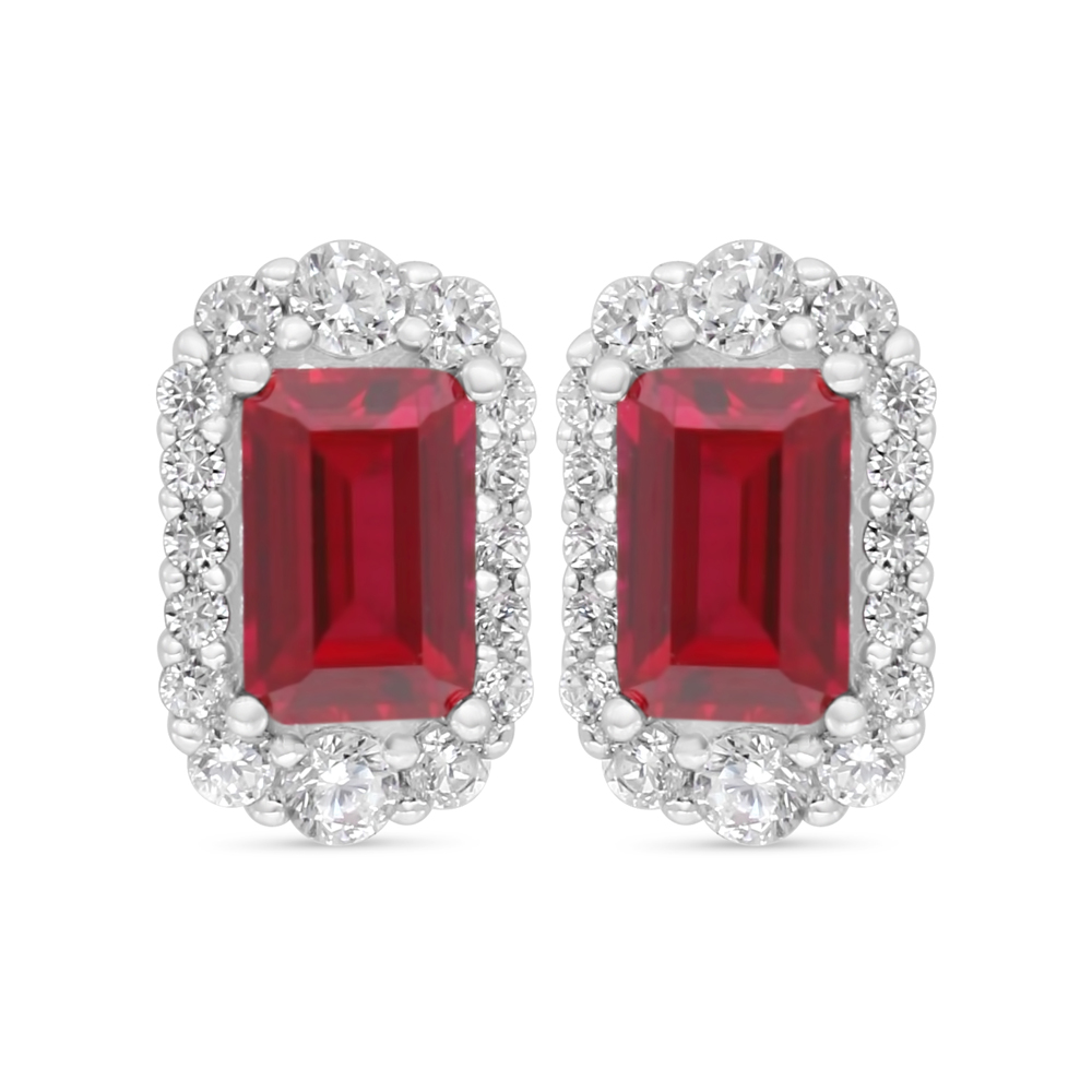 Sterling Silver 925 Earring Rhodium Plated Embedded With Ruby Corundum And White Zircon