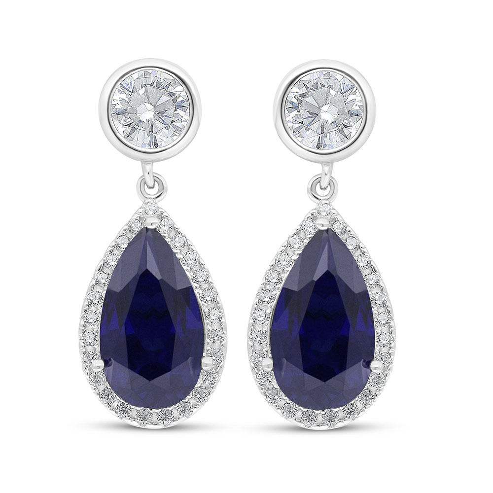 Sterling Silver 925 Earring Rhodium Plated Embedded With Sapphire Corundum And White Zircon