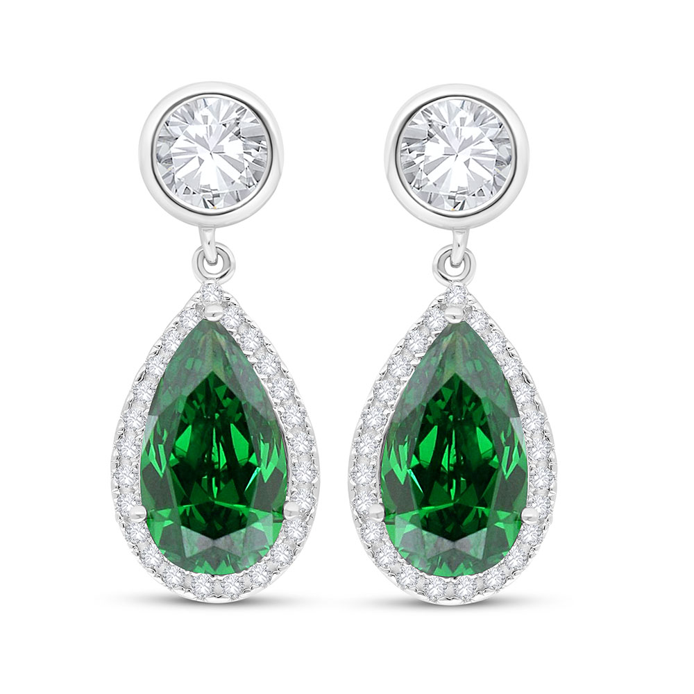 Sterling Silver 925 Earring Rhodium Plated Embedded With Emerald Zircon And White Zircon