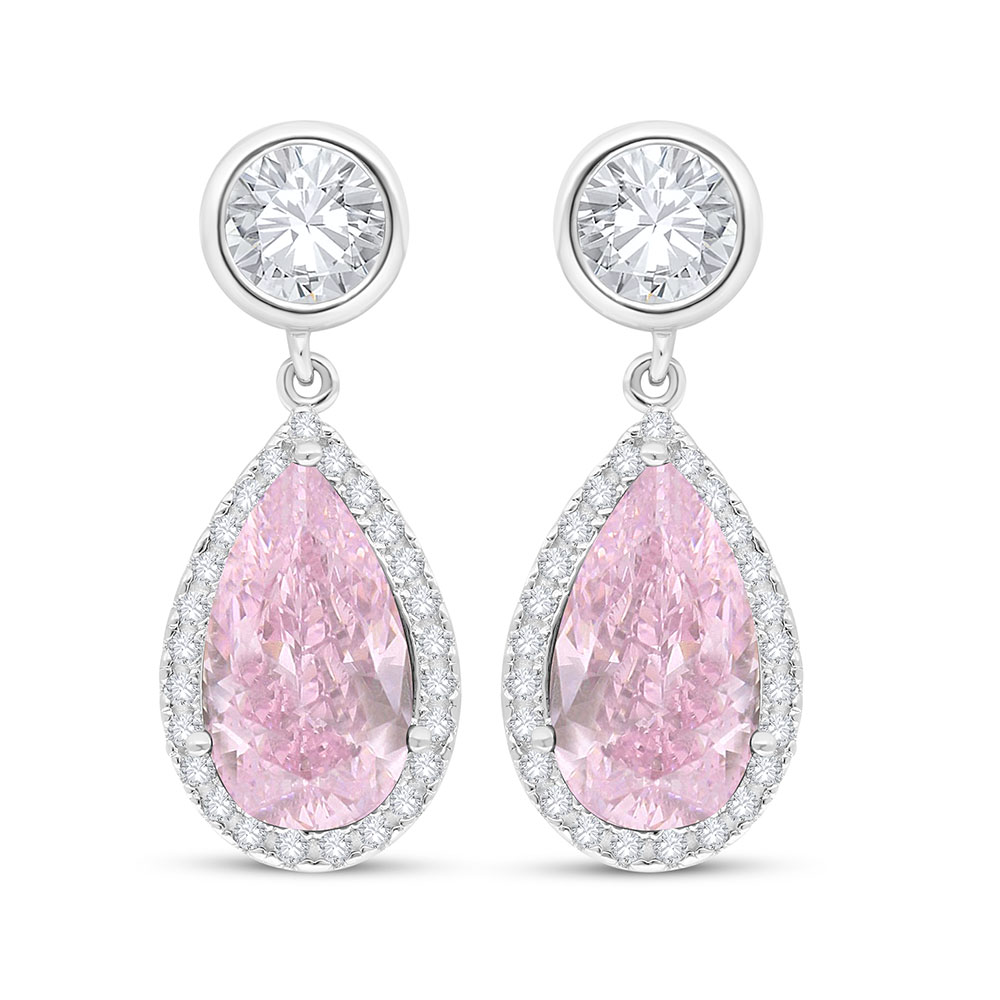 Sterling Silver 925 Earring Rhodium Plated Embedded With pink Zircon And White Zircon