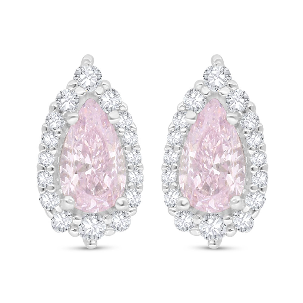 Sterling Silver 925 Earring Rhodium Plated Embedded With pink Zircon And White Zircon