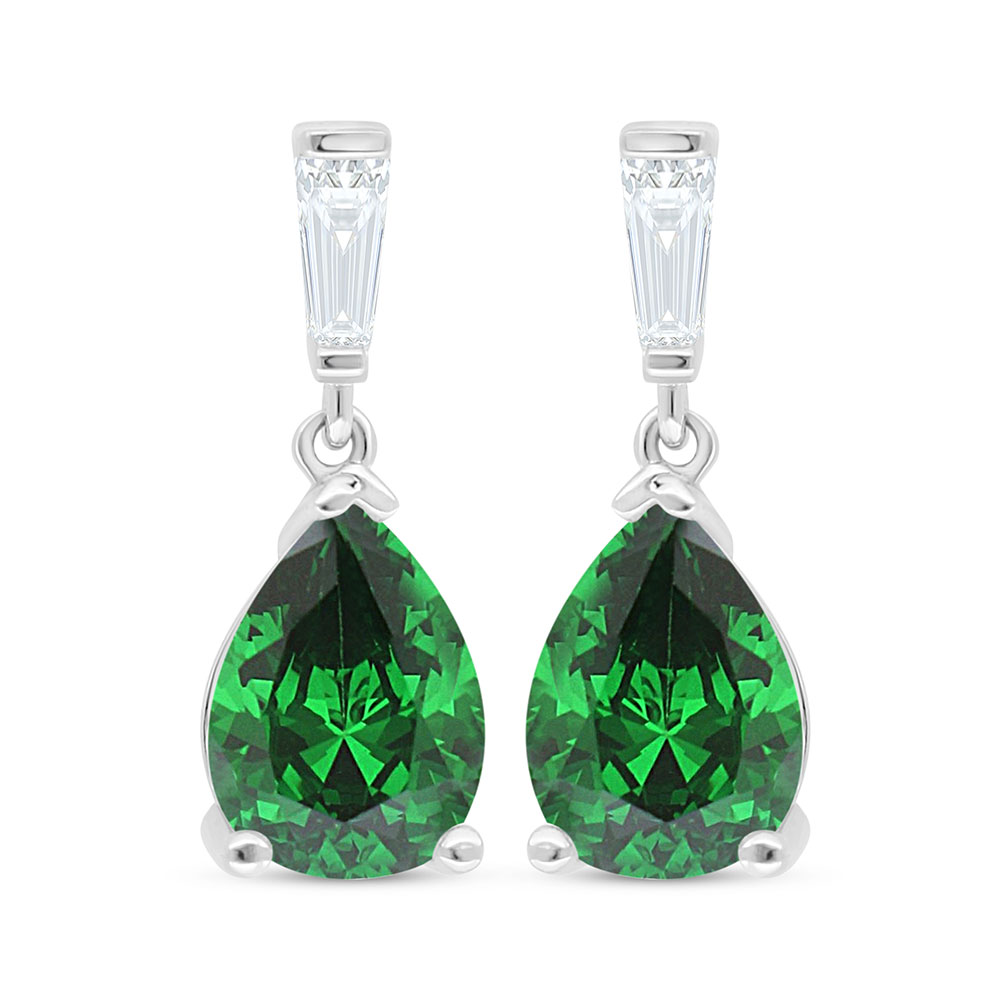 Sterling Silver 925 Earring Rhodium Plated Embedded With Emerald Zircon And White Zircon