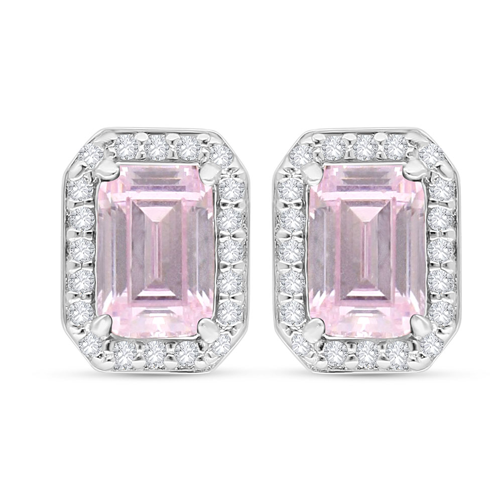 Sterling Silver 925 Earring Rhodium Plated Embedded With pink Zircon And White Zircon