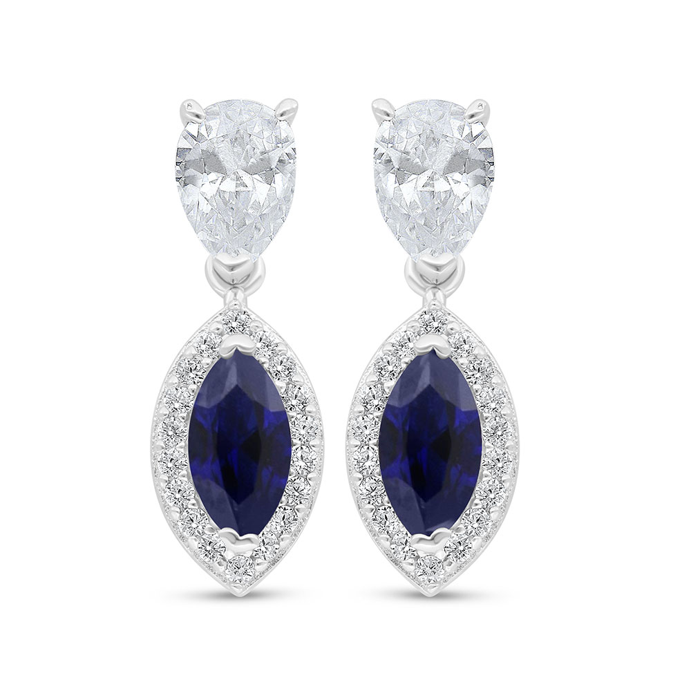 Sterling Silver 925 Earring Rhodium Plated Embedded With Sapphire Corundum And White Zircon