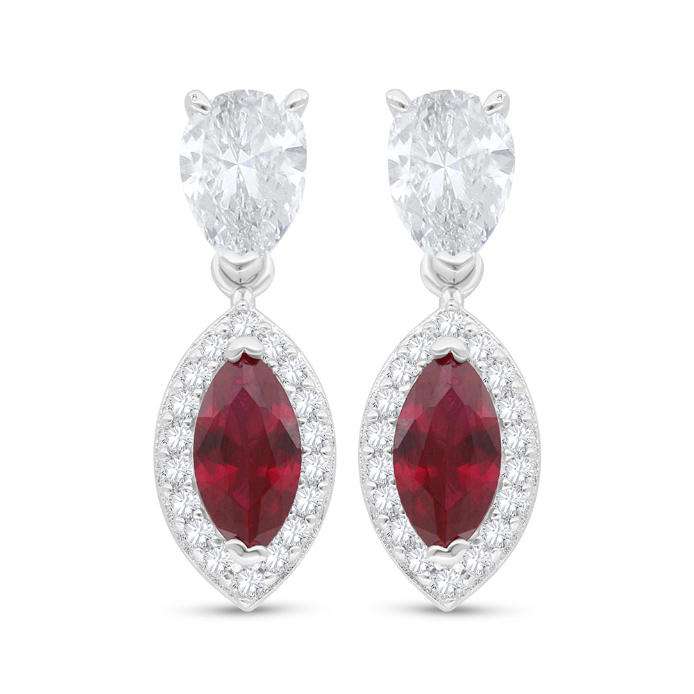 Sterling Silver 925 Earring Rhodium Plated Embedded With Ruby Corundum And White Zircon