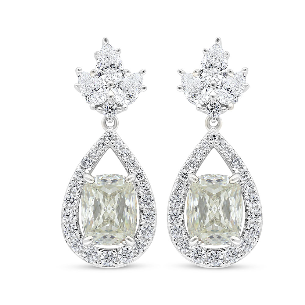 Sterling Silver 925 Earring Rhodium Plated Embedded With Yellow Diamond And White Zircon