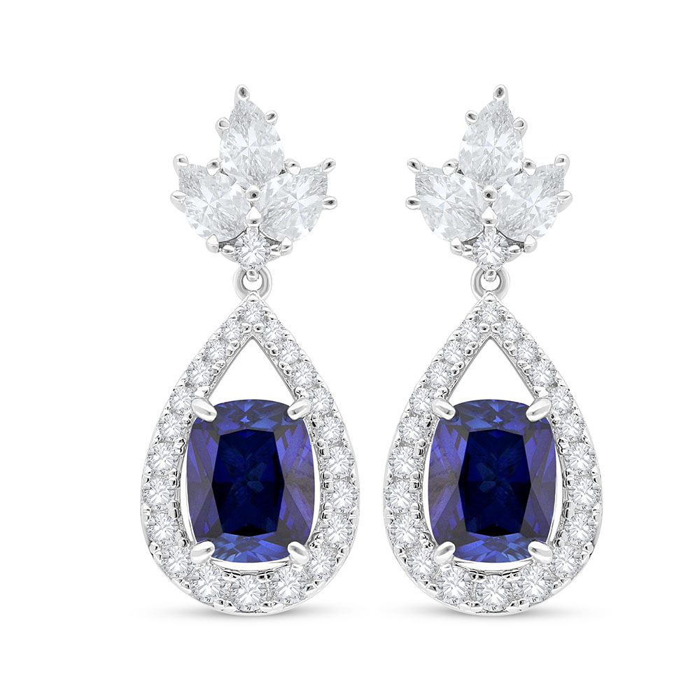 Sterling Silver 925 Earring Rhodium Plated Embedded With Sapphire Corundum And White Zircon