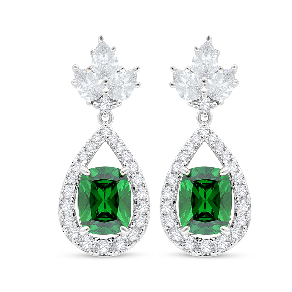 Sterling Silver 925 Earring Rhodium Plated Embedded With Emerald Zircon And White Zircon