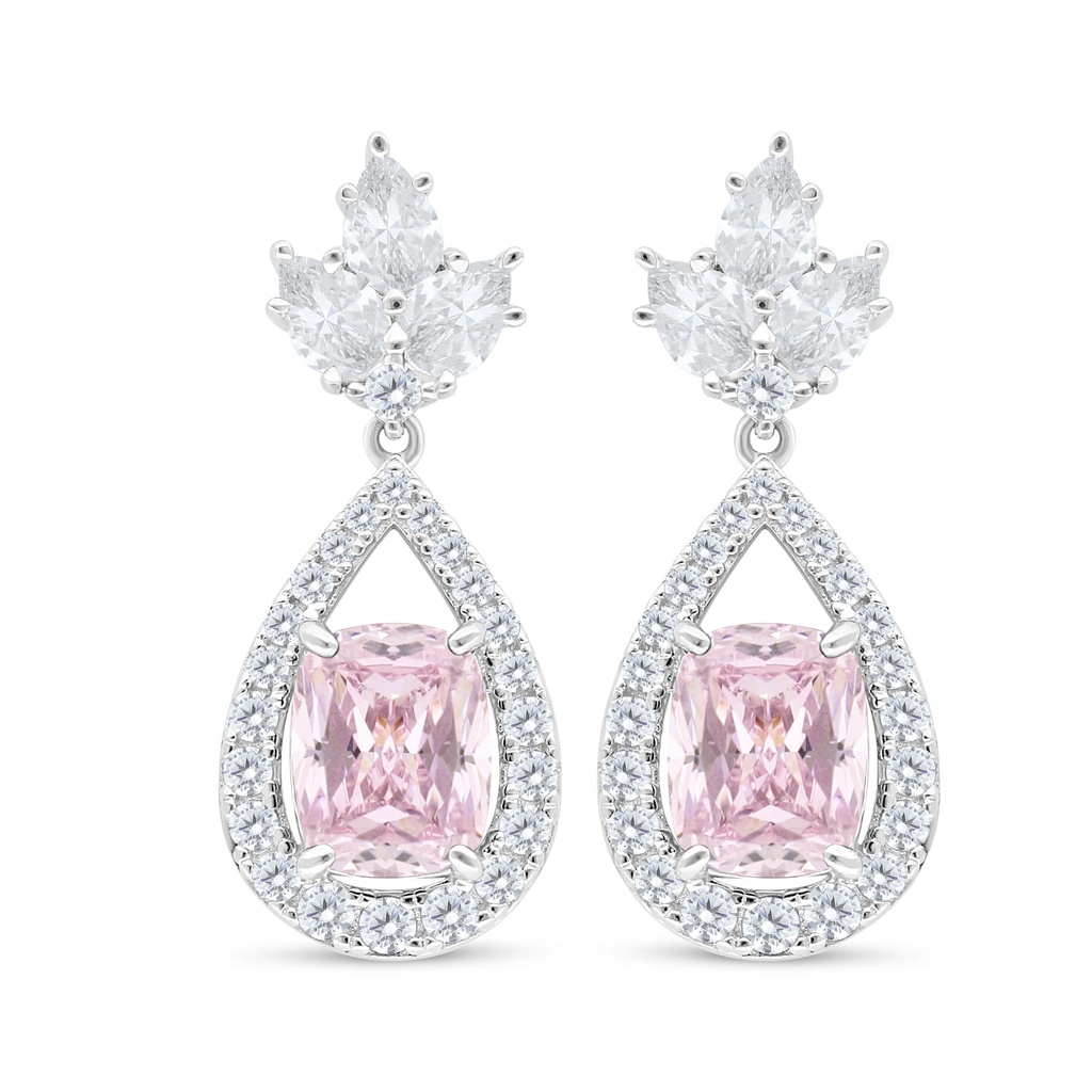 Sterling Silver 925 Earring Rhodium Plated Embedded With pink Zircon And White Zircon