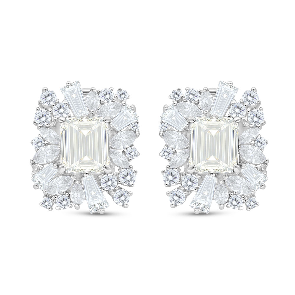 Sterling Silver 925 Earring Rhodium Plated Embedded With Yellow Diamond And White Zircon